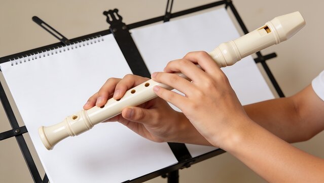 Hands Playing White Plastic Recorder with Music Stand