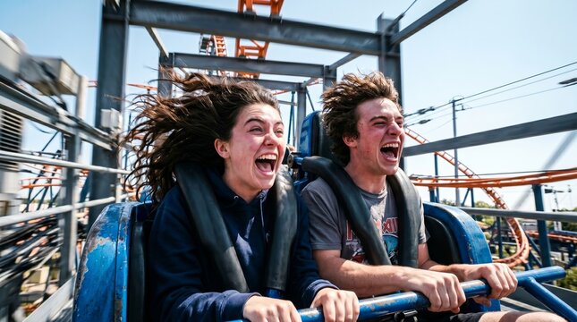 Exhilarated young people experiencing an adrenaline-pumping rollercoaster thrill ride at an amusement park