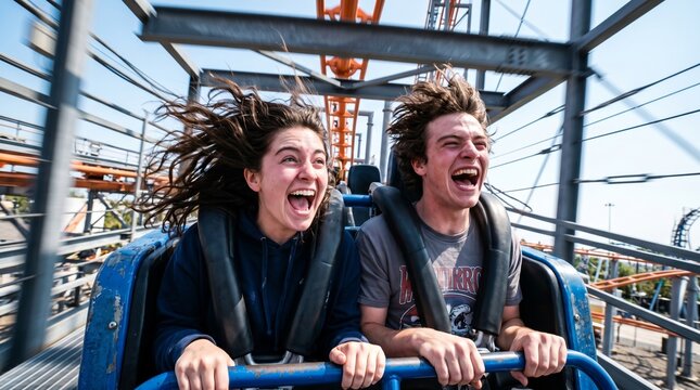Young couple screaming with joy while riding a fast roller coaster at an amusement park
