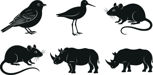 Wild Animals and Birds Silhouette Vector Graphic Pack Featuring Songbird, Long Legged Shorebird, Little Field Mice, and Horned African Rhinoceros Wildlife Symbols © Rumi