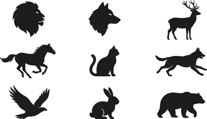 Wild Animals and Domestic Pets Black Silhouette Icon Set Featuring Lion Mane, Wolf Profile, Running Horse, Domestic Cat, Flying Eagle, and Forest Bear Graphics © Rumi