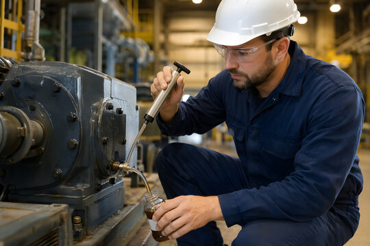 Male oil analysis technician collecting lubricant sample from industrial gearbox at refinery, predictive maintenance, tribology and condition monitoring workplace safety concept