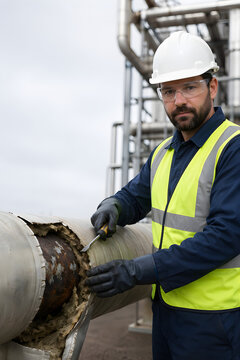 Male inspector removing insulation from corroded pipe at petrochemical plant revealing rust, corrosion under insulation CUI inspection, pipeline integrity and predictive maintenance concept
