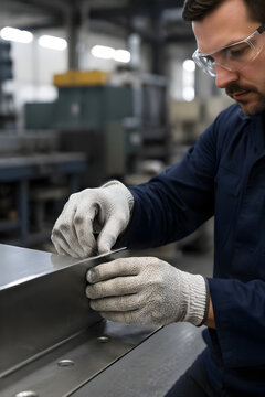 Industrial worker handling sharp metal sheet with cut-resistant level five safety gloves at metal fabrication workshop, hand protection, PPE and occupational safety concept