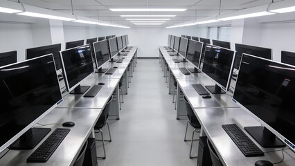 Obraz premium Empty Modern Computer Lab with Rows of Desktop Workstations