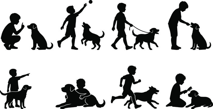 Children and Pet Dog Activities Silhouette Collection Featuring Training, Playing, Walking and Care