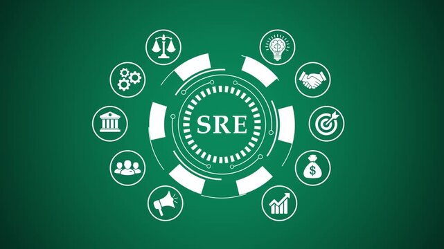 Site reliability engineering concept featuring animated icons and glowing data links.