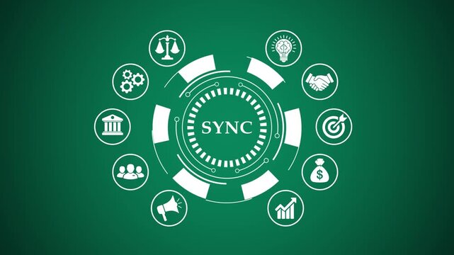Digital sync concept with business icons loop animation on green screen background.