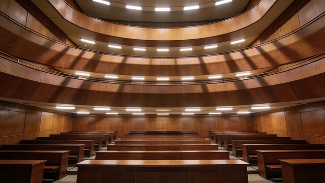 Empty Wooden Lecture Hall with Tiered Seating