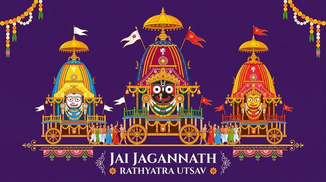 Bright decorated wooden chariot with mandala halo for indian rath yatra festival celebration graphic poster design
