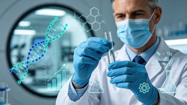Scientist in lab analyzing DNA strand and chemical formula, biotechnology research, genetic engineering, pharmaceutical development, data analytics, innovation in life sciences