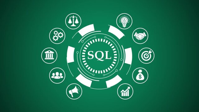 Modern technology abstract background with SQL data processing and business icons.