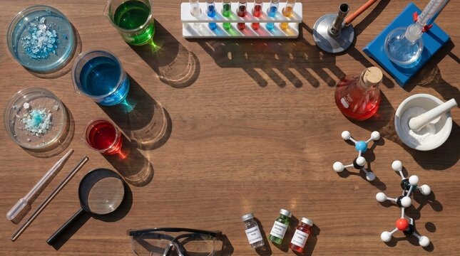 Overhead View of Diverse Chemistry Lab Equipment and Molecular Models on Rustic Wooden Table, Science Education Background