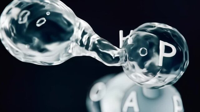 Scientific animation of liquid molecules merging on black background