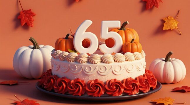 Festive birthday cake with number 65 decoration. Autumn theme with pumpkins and fall leaves. Cream frosting and red rose accents. Celebratory dessert for an event.