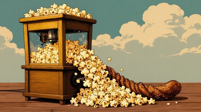 Vintage popcorn machine produces large quantity of fluffy snack. Golden kernels spill onto wooden surface under cloudy sky. Illustration depicts abundance food enjoyment cinema nostalgia.