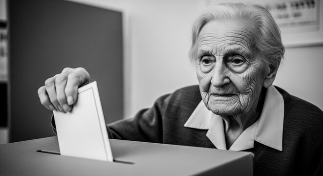 Elderly Person Casting Vote in Polling Booth with Thoughtful Expression