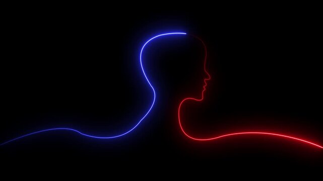 Glowing neon line Human head icon on black background. Neon glowing  man head icon. Glowing neon couple in love animation. on black background.