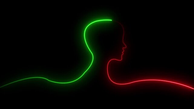 Glowing neon line Human head icon on black background. Neon glowing  man head icon. Glowing neon couple in love animation. on black background.