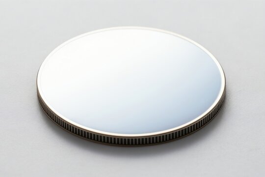 Polished round silicon wafer sits on smooth white surface. Clean metallic disc with ribbed edge reflects light. High tech chip component, microchip material abstract.