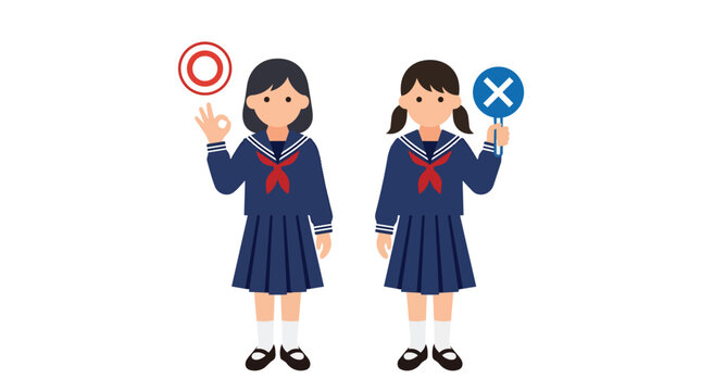 Schoolgirl students holding correct and incorrect symbols in minimalist flat vector for educational testing services