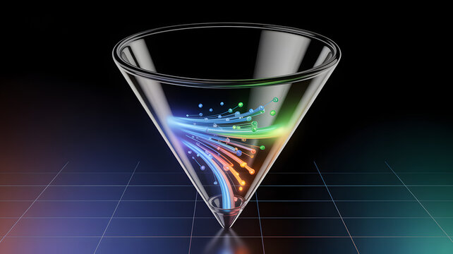 A transparent glass funnel with colorful glowing lines and particles flowing through it on a dark background with a grid floor and rainbow effect