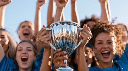 Fototapeta premium Group of soccer players celebrate their victory while holding a trophy in bright sunlight during an outdoor match in the afternoon
