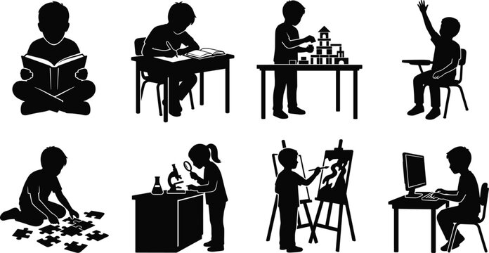 Children Learning and Educational Activities Silhouette Collection Featuring Reading, Science, Art and Technology