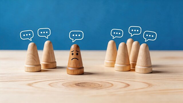 Sad wooden peg feeling lonely and excluded from group, social isolation and bullying concept with speech bubbles, mental health and emotional distress illustration.