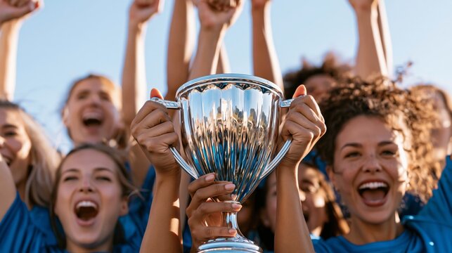 Group of soccer players celebrate their victory while holding a trophy in bright sunlight during an outdoor match in the afternoon