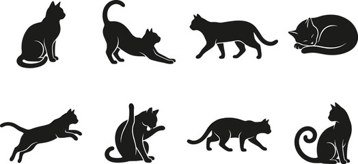 Domestic cats black silhouette collection featuring various feline poses including stretching jumping walking licking and sleeping vector icons © Rahen