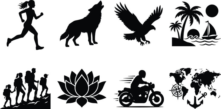 Black silhouette icons collection featuring running woman howling wolf eagle tropical beach hiking family lotus motorcycle and world map