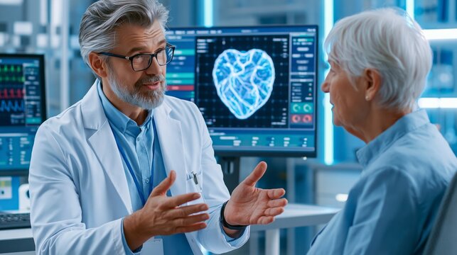 Experienced cardiologist explains digital heart scan in advanced clinic with elderly patient
