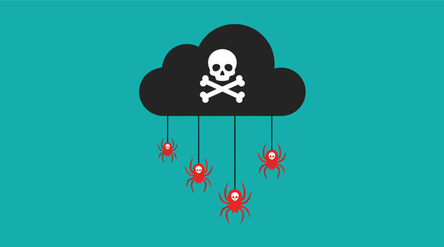 Cyber attack malware symbols featuring skull cloud and red spiders in minimalist flat vector for cybersecurity awareness training