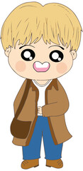 Cute Chibi Blonde Boy in Autumn Brown Coat Illustration