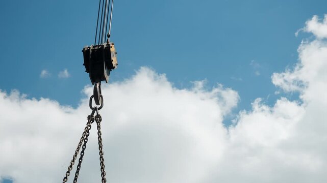 Close-up of a heavy-duty crane hook with lifting chains suspended against a blue sky. Industrial lifting equipment used for heavy cargo handling, construction and logistics.