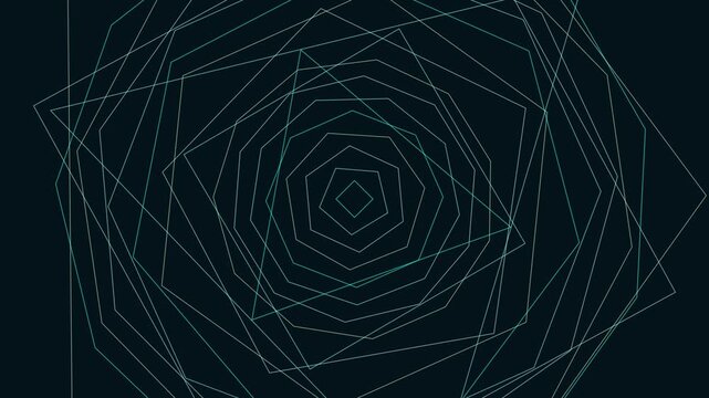 Abstract geometric tunnel animation with rotating teal pentagons on dark background, rotation