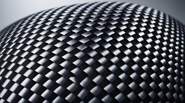 Close-up of a sleek black and silver carbon fiber dome with a shiny metallic surface and a blurred gray background for industrial design.