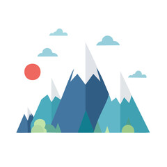 Fototapeta premium Flat vector illustration of mountain landscape with sun and clouds