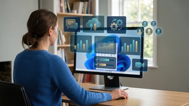 Woman working on computer with digital icons, remote work concept, business analytics, cloud computing, communication tools, data visualization, productivity software interface