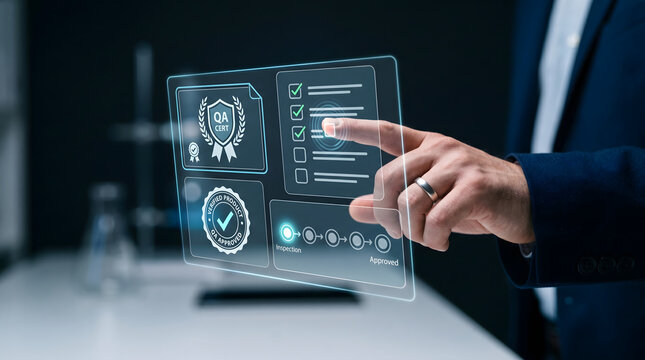 Quality assurance officer interacting with certification hologram for regulatory compliance validation system