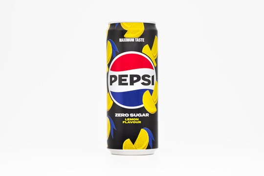 DRESDEN, GERMANY - 4. June 2025: Pepsi Zero Sugar Lemon Flavour can. Sugar free soft drink with cola and lemon fruit taste. Beverage can in the 330 ml size.