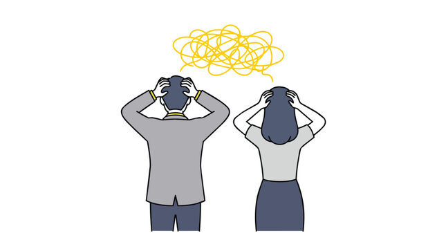 Psychological stress and mental clutter affecting overwhelmed professionals in minimalist flat vector for corporate wellness programs