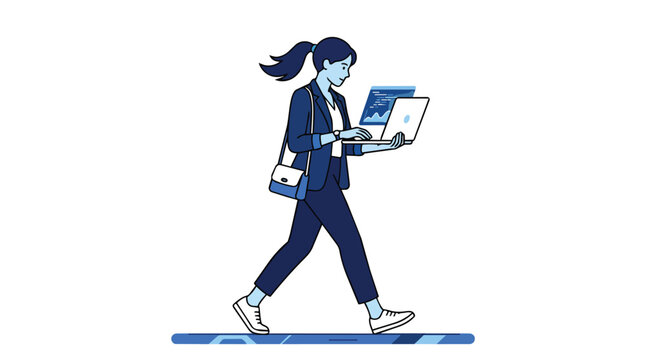 Professional businesswoman multitasking while walking with laptop in minimalist flat vector for digital nomad lifestyle