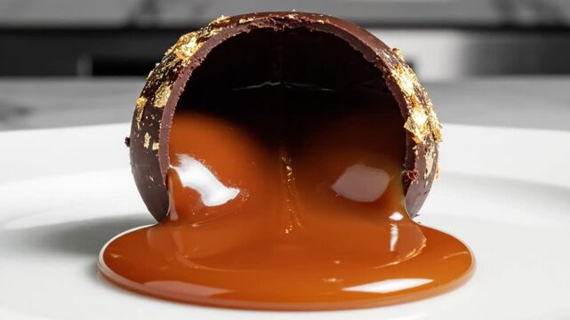 Luxurious Chocolate Sphere with Golden Flakes and Warm Caramel Sauce Flowing onto a White Plate