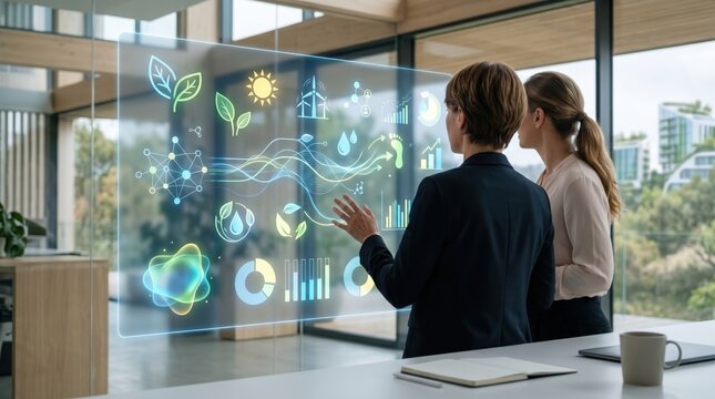 Two business people analyzing sustainability and ESG data on transparent glass screen, green energy solar wind power icons