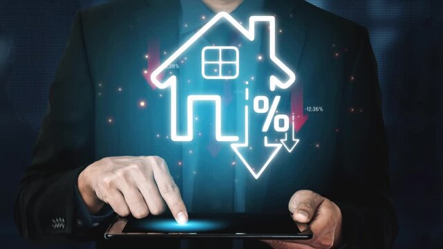 Businessman Using Digital Tablet to Analyze Real Estate Market Trends with House Icon and Percentage Decrease Symbol Against Abstract Background Sigmoid