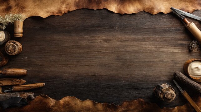 Torn leather revealing wood with carving tools border.