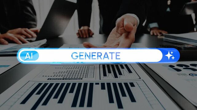 Hands Reaching for Business Reports with AI Generate Button on Desk Surrounded by Laptops and Graphs in Modern Office Setting. Entropy.