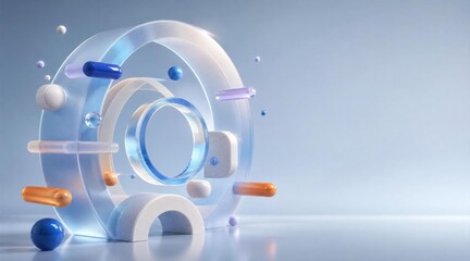 Fototapeta premium Circular abstract composition with geometric shapes and floating spheres, blue and orange accents